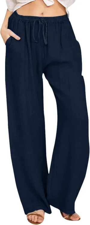 Drawstring Linen Pants Women Summer Leggings for Women Long Leggings Casual Loose Trousers with Pockets Comfy