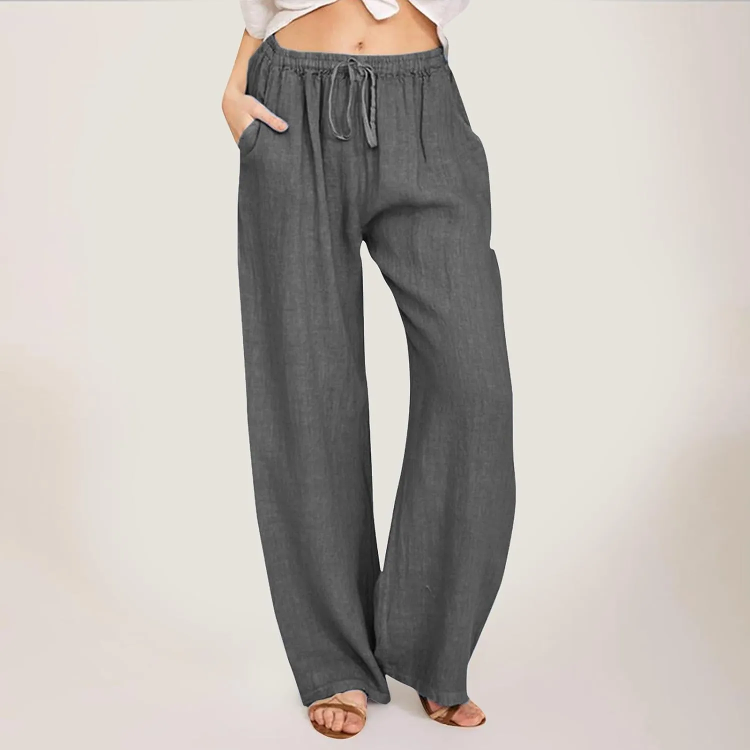 Drawstring Linen Pants Women Summer Leggings for Women Long Leggings Casual Loose Trousers with Pockets Comfy
