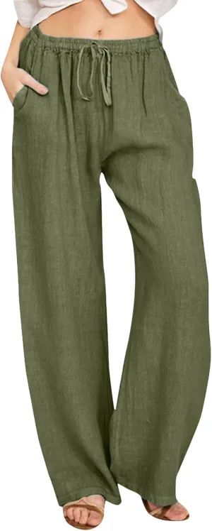 Drawstring Linen Pants Women Summer Leggings for Women Long Leggings Casual Loose Trousers with Pockets Comfy