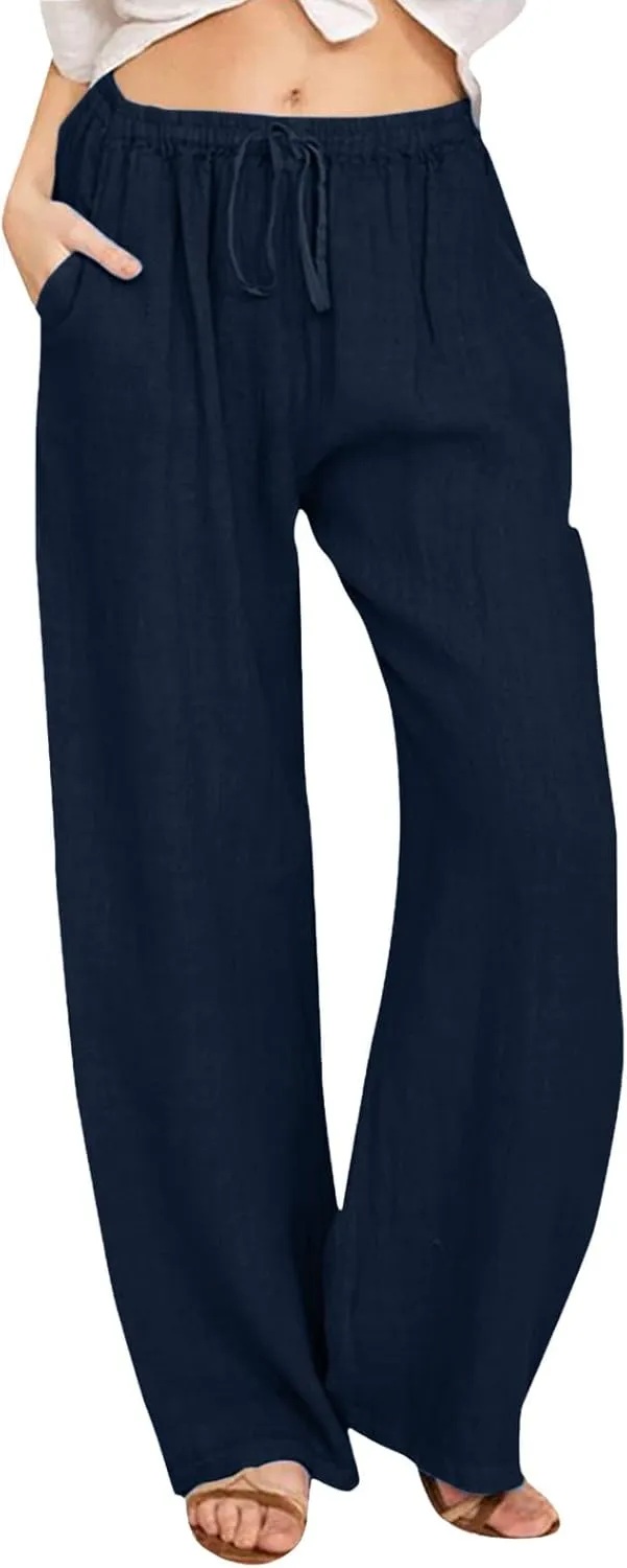Drawstring Linen Pants Women Summer Leggings for Women Long Leggings Casual Loose Trousers with Pockets Comfy