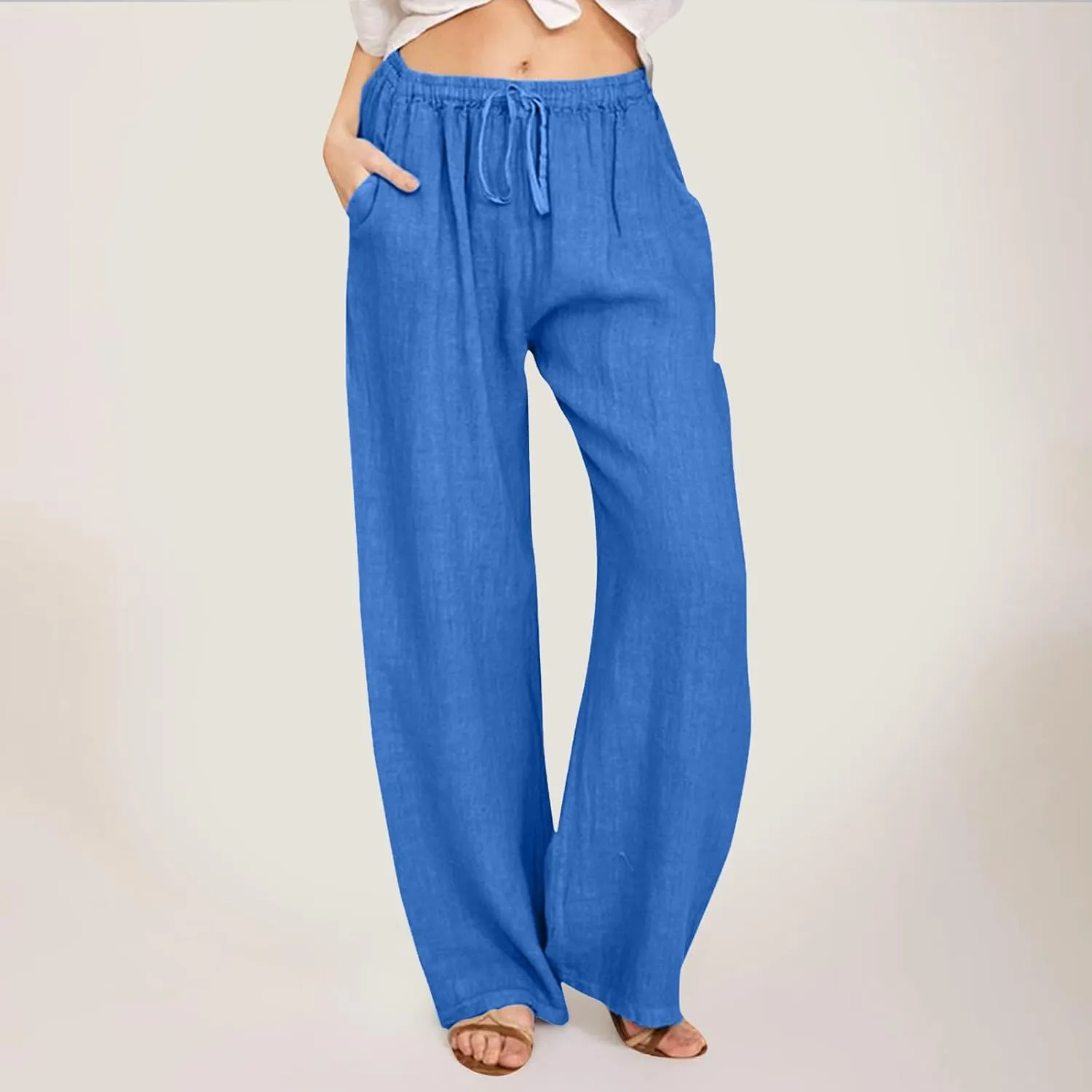 Drawstring Linen Pants Women Summer Leggings for Women Long Leggings Casual Loose Trousers with Pockets Comfy