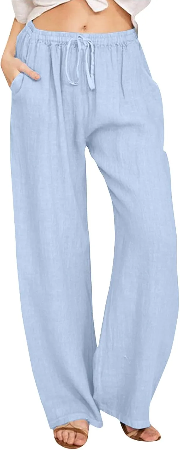 Drawstring Linen Pants Women Summer Leggings for Women Long Leggings Casual Loose Trousers with Pockets Comfy