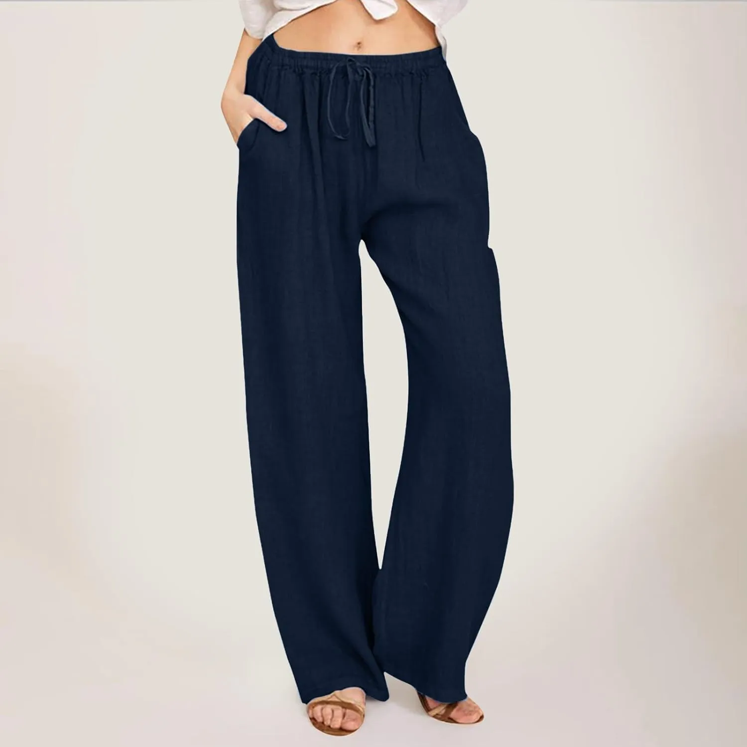 Drawstring Linen Pants Women Summer Leggings for Women Long Leggings Casual Loose Trousers with Pockets Comfy