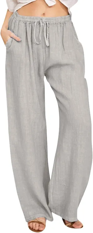 Drawstring Linen Pants Women Summer Leggings for Women Long Leggings Casual Loose Trousers with Pockets Comfy