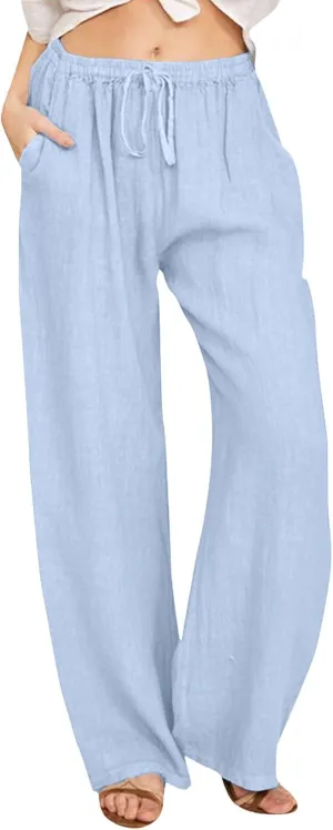 Drawstring Linen Pants Women Summer Leggings for Women Long Leggings Casual Loose Trousers with Pockets Comfy