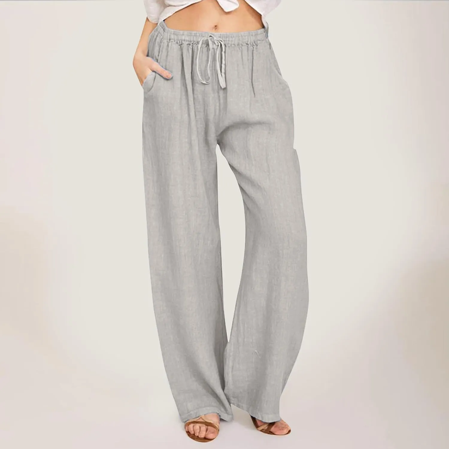 Drawstring Linen Pants Women Summer Leggings for Women Long Leggings Casual Loose Trousers with Pockets Comfy