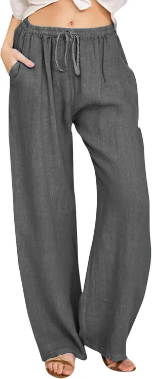 Drawstring Linen Pants Women Summer Leggings for Women Long Leggings Casual Loose Trousers with Pockets Comfy