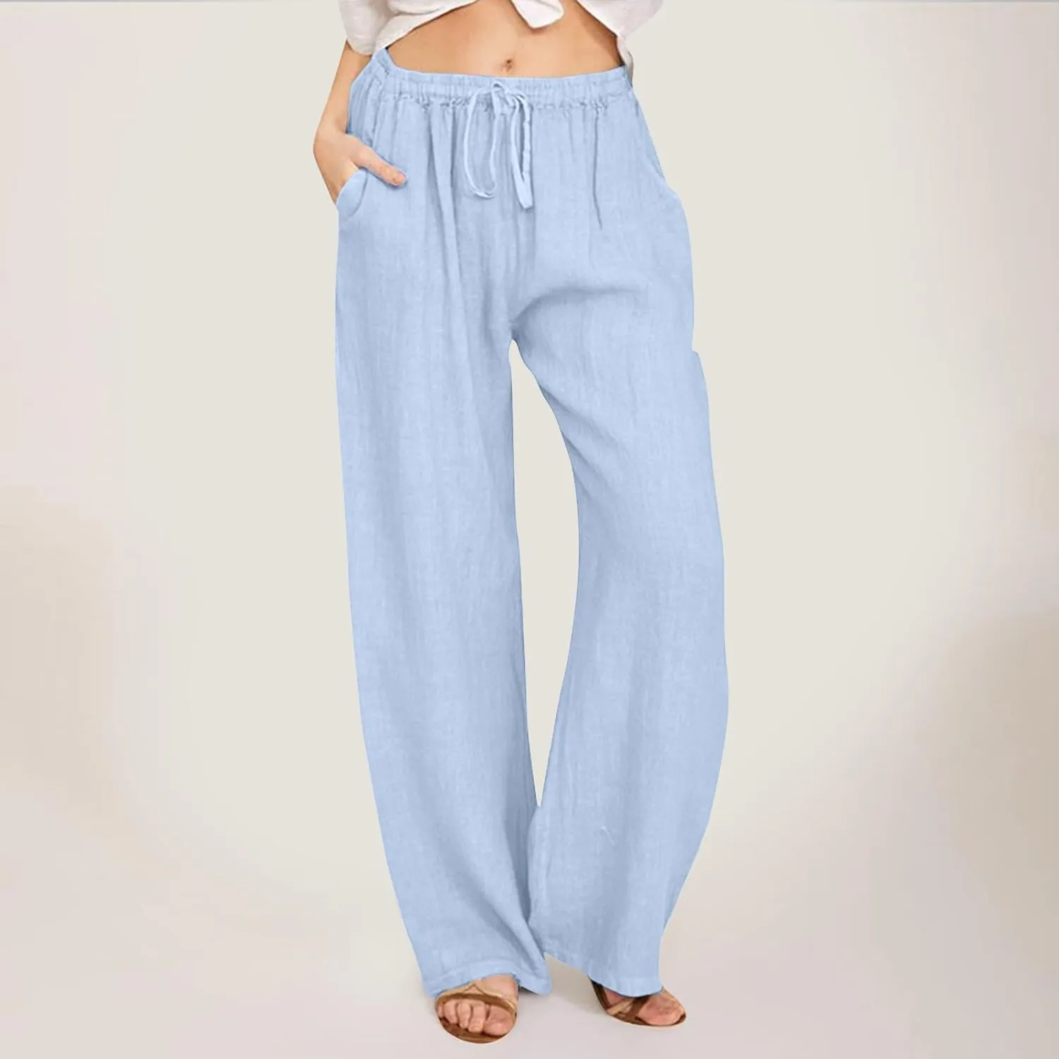 Drawstring Linen Pants Women Summer Leggings for Women Long Leggings Casual Loose Trousers with Pockets Comfy