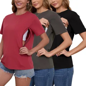 Ecavus Women's 3-Pack Nursing Shirts for Breastfeeding with Hidden Zippers Loose Fit Maternity Tops