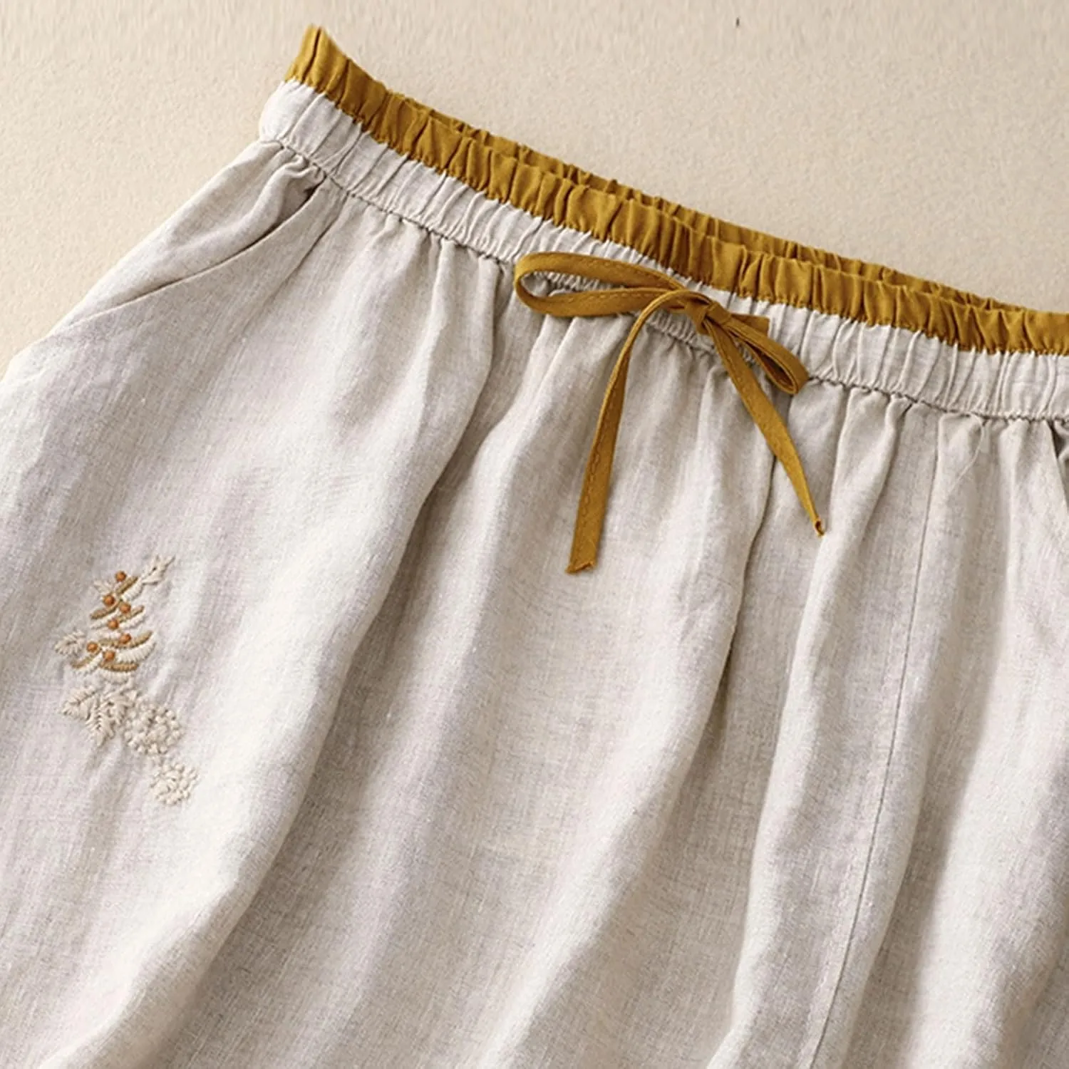 Embroidery Maxi Skirts for Women with Pockets Midi Length Long Skirt Casual Beach Party Holiday Cotton Linen Skirt