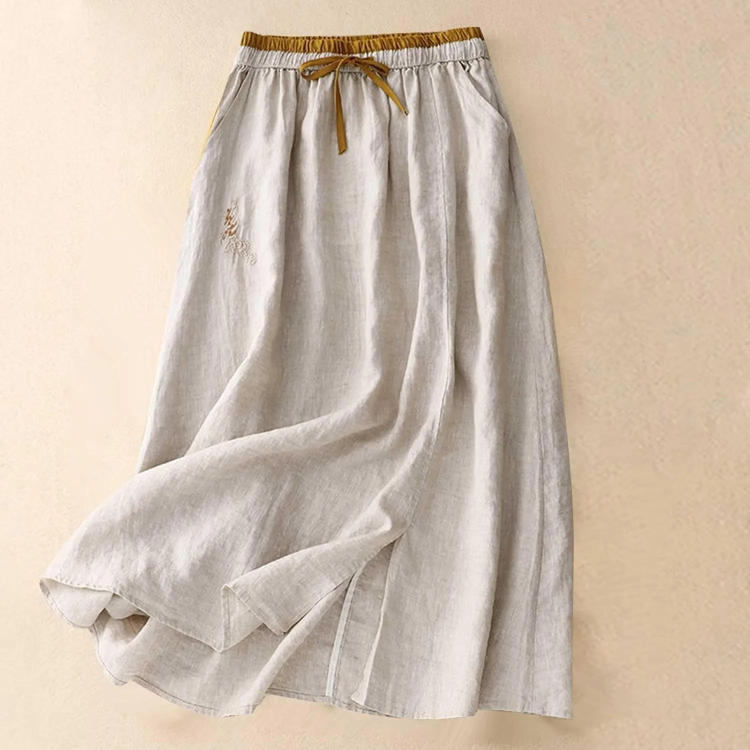 Embroidery Maxi Skirts for Women with Pockets Midi Length Long Skirt Casual Beach Party Holiday Cotton Linen Skirt
