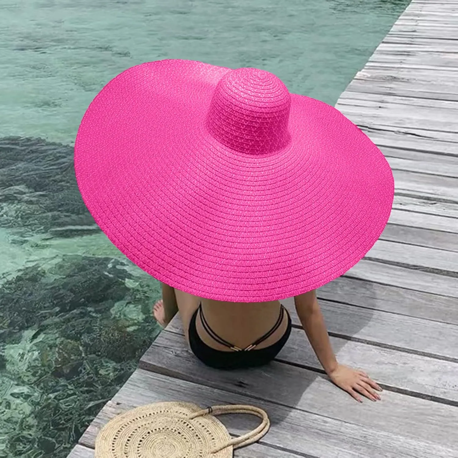 Fashion Oversized Brim Sun Hat Beach Anti-UV Sun Protection Cap Hat UPF 50  Wide Coverage Straw Caps