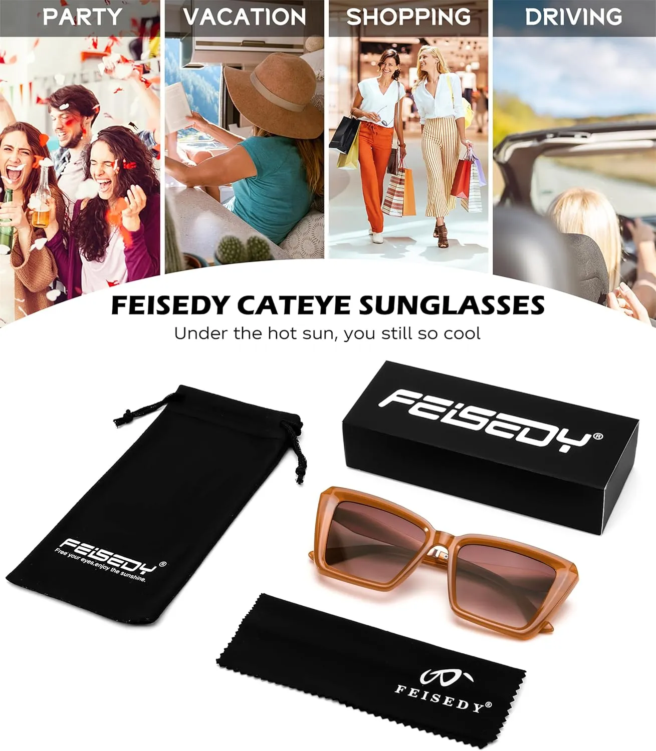 FEISEDY Trendy Cat Eye Women Sunglasses, Retro Womens Square Cateye Sun Glasses B9135