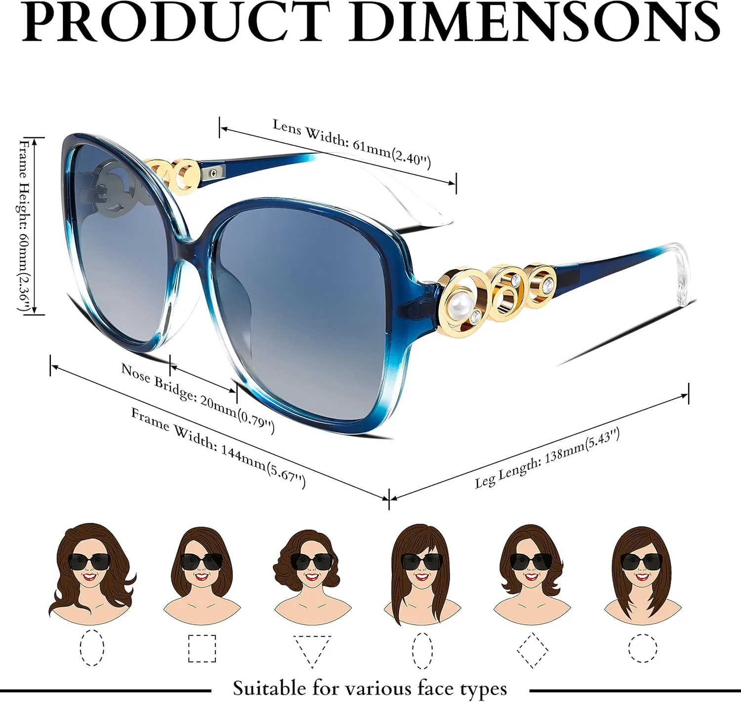 FEISEDY Women's Fashion Sunglasses, Oversized Square Frame with Pearl Sparkling, Polarized UV Protection B2821