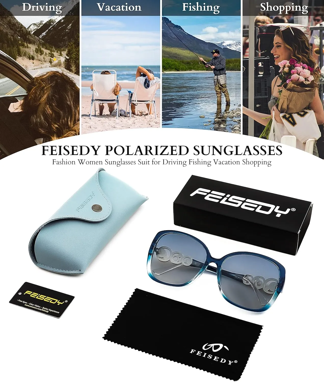 FEISEDY Women's Fashion Sunglasses, Oversized Square Frame with Pearl Sparkling, Polarized UV Protection B2821