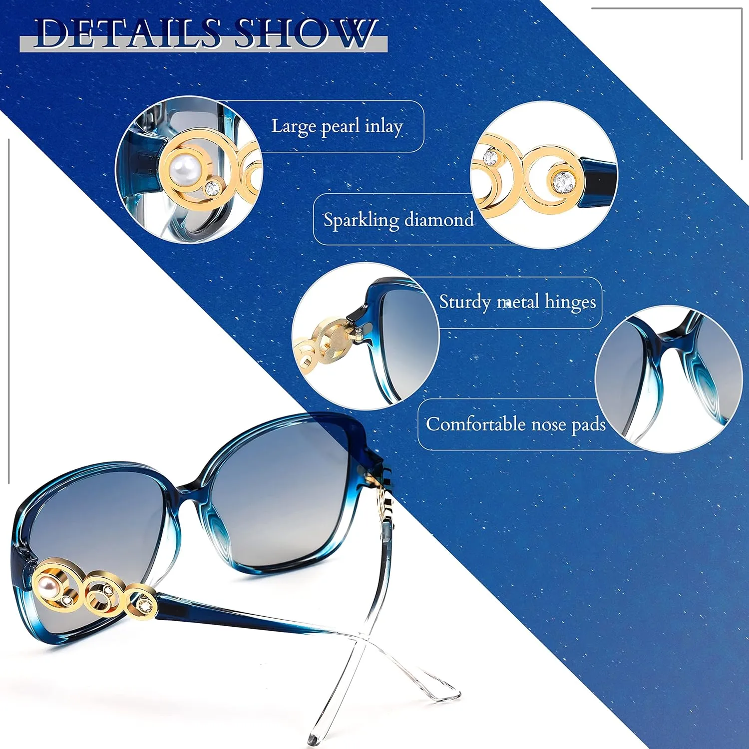 FEISEDY Women's Fashion Sunglasses, Oversized Square Frame with Pearl Sparkling, Polarized UV Protection B2821