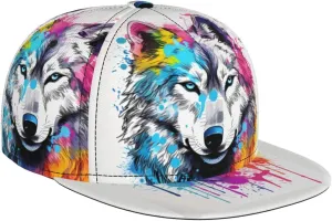 Flat Bill Baseball Cap for Women Men - Cool Colorful Wolf Adjustable Flat Trucker Hats Snapback Hats Dad Hats for Men