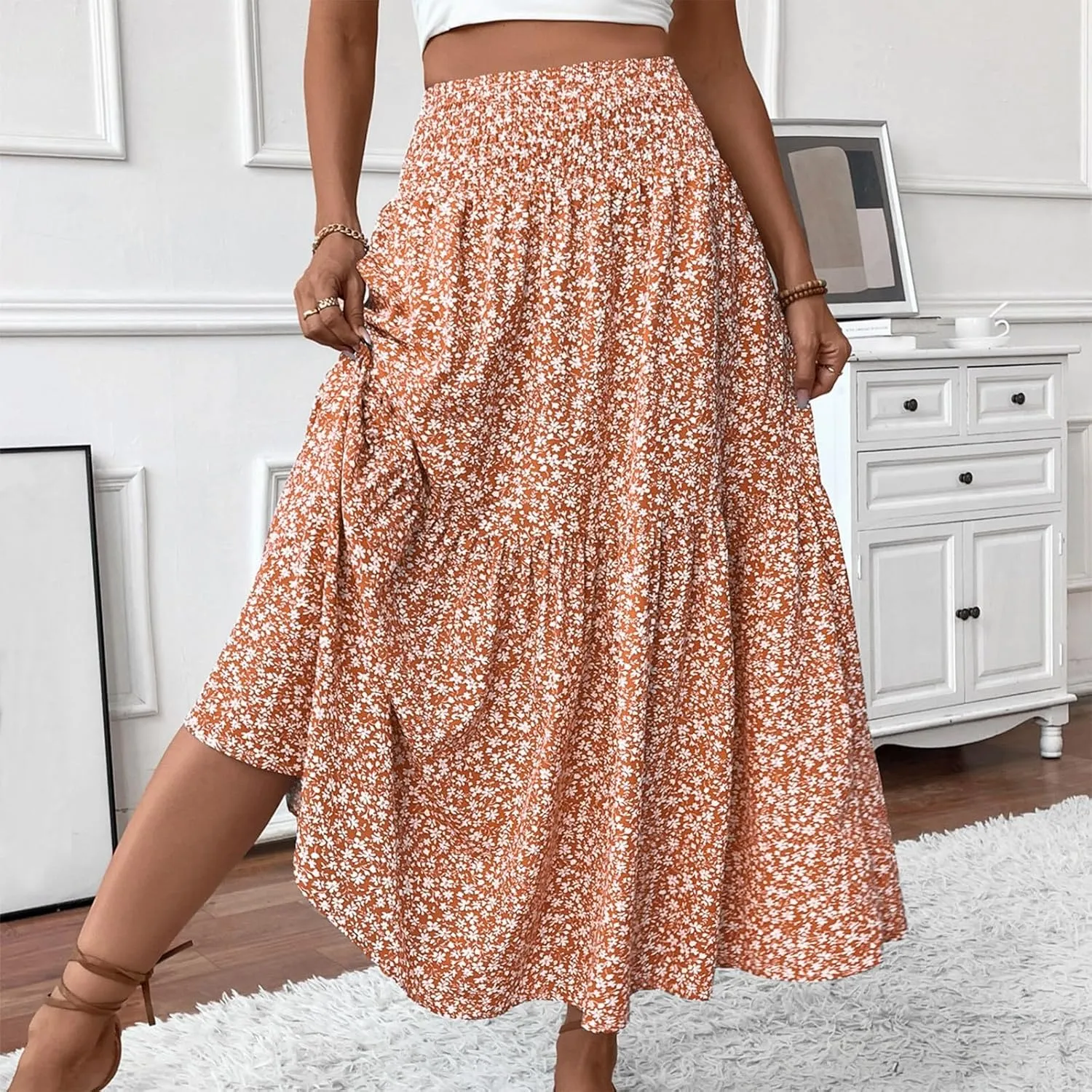 Floral Maxi Skirts for Women Trendy Summer High Waisted Long Skirts Elastic Waist Boho Beach A Line Skirt Cover Up