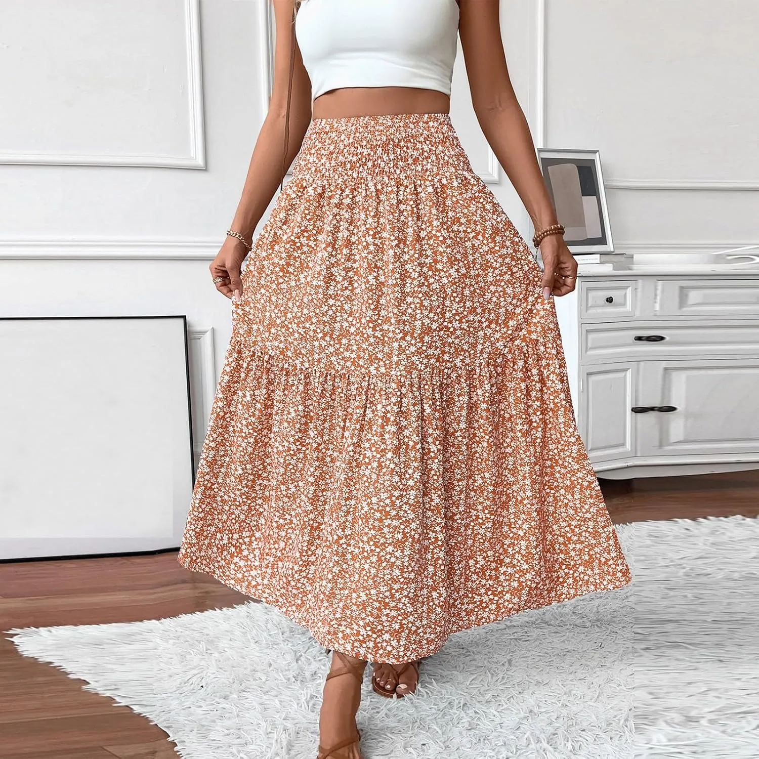 Floral Maxi Skirts for Women Trendy Summer High Waisted Long Skirts Elastic Waist Boho Beach A Line Skirt Cover Up