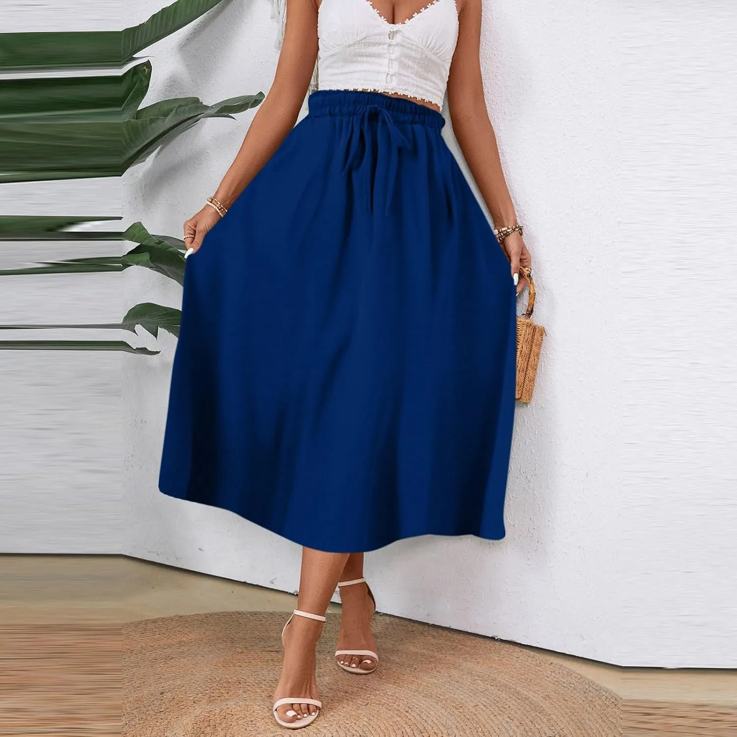 Floral Skirts for Women 2025 A-Line Loose Elastic High Waist Elastic Waist Pleated Summer Swing Skirts with Pocket
