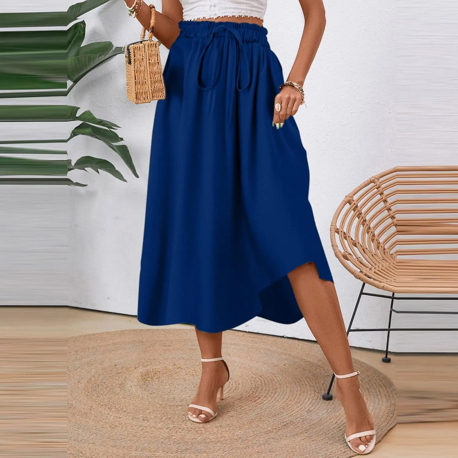 Floral Skirts for Women 2025 A-Line Loose Elastic High Waist Elastic Waist Pleated Summer Swing Skirts with Pocket