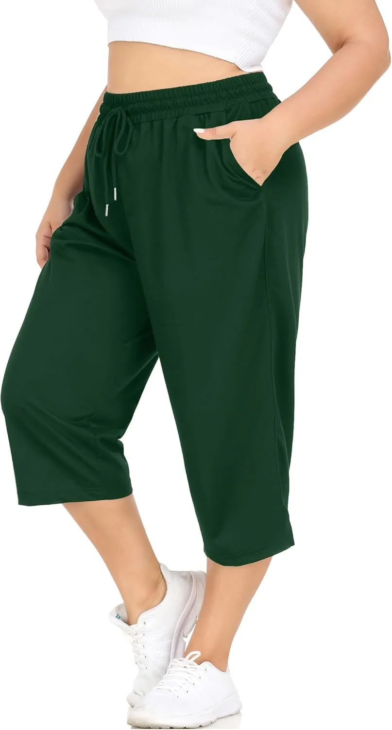 FOREYOND Plus Size Capri Pants for Women Loose Fit Yoga Pants with Pockets Workout Activewear Sweatpants