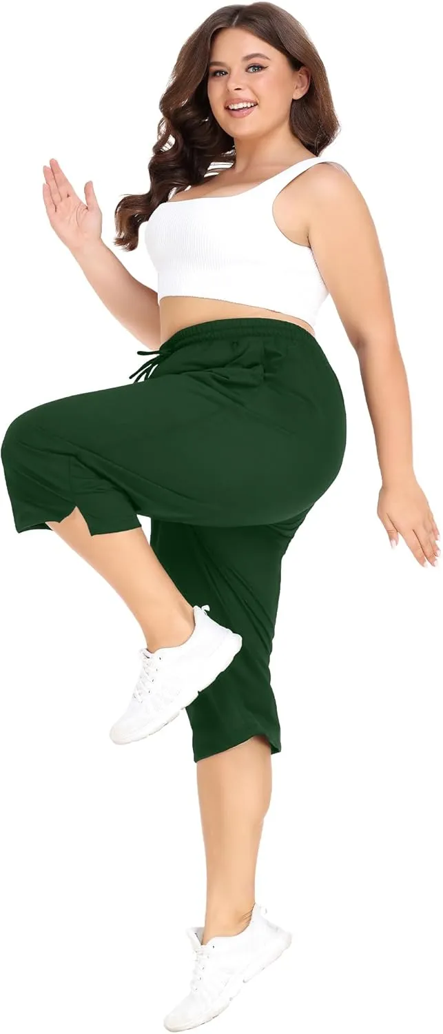 FOREYOND Plus Size Capri Pants for Women Loose Fit Yoga Pants with Pockets Workout Activewear Sweatpants