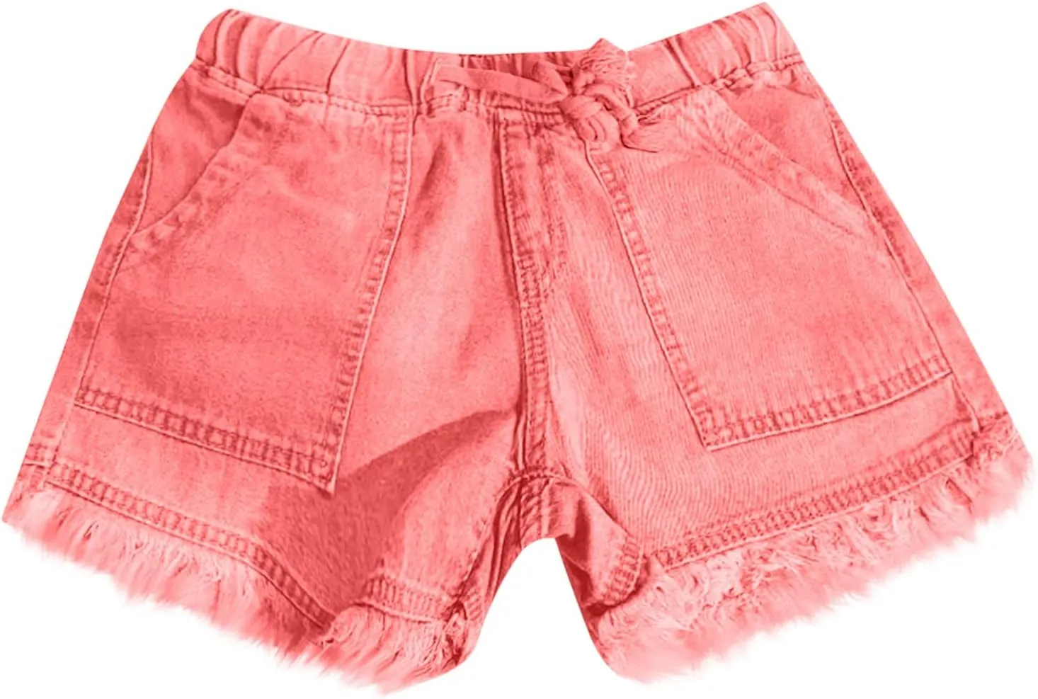 Frayed Hem Denim Shorts for Women - Jean Shorts with Ripped Details and Raw Edge Drawstring Elastic Waist Shorts