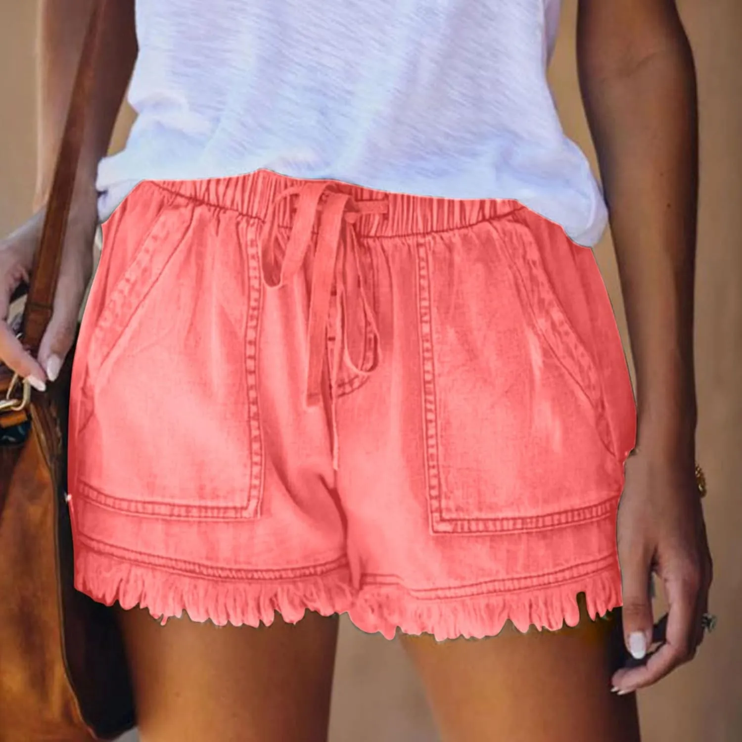 Frayed Hem Denim Shorts for Women - Jean Shorts with Ripped Details and Raw Edge Drawstring Elastic Waist Shorts