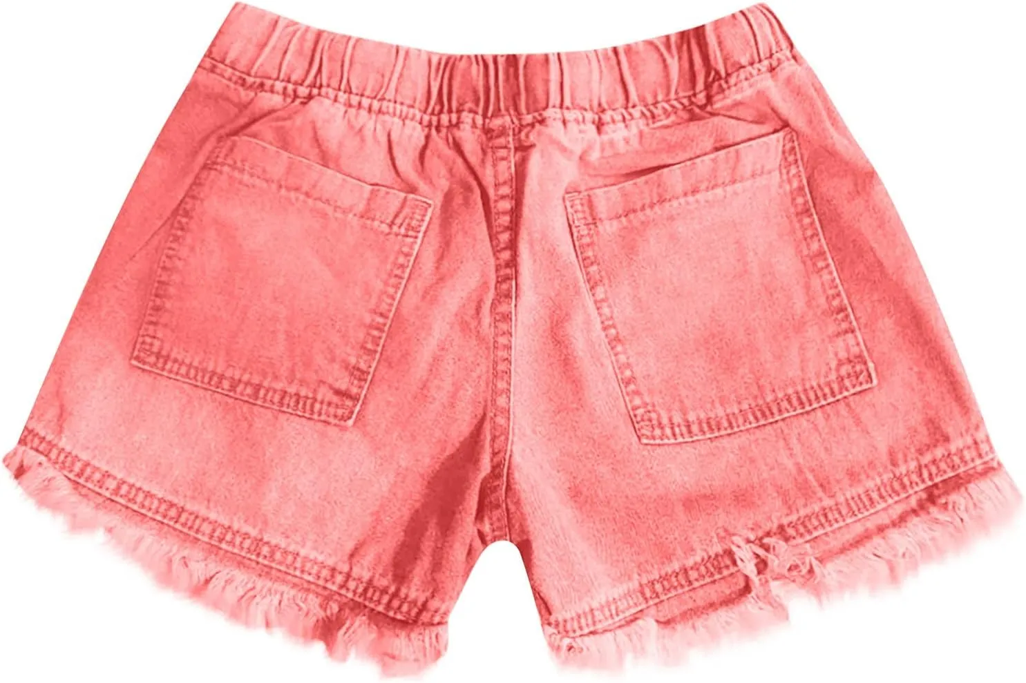 Frayed Hem Denim Shorts for Women - Jean Shorts with Ripped Details and Raw Edge Drawstring Elastic Waist Shorts