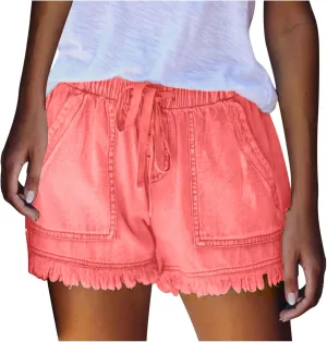 Frayed Hem Denim Shorts for Women - Jean Shorts with Ripped Details and Raw Edge Drawstring Elastic Waist Shorts