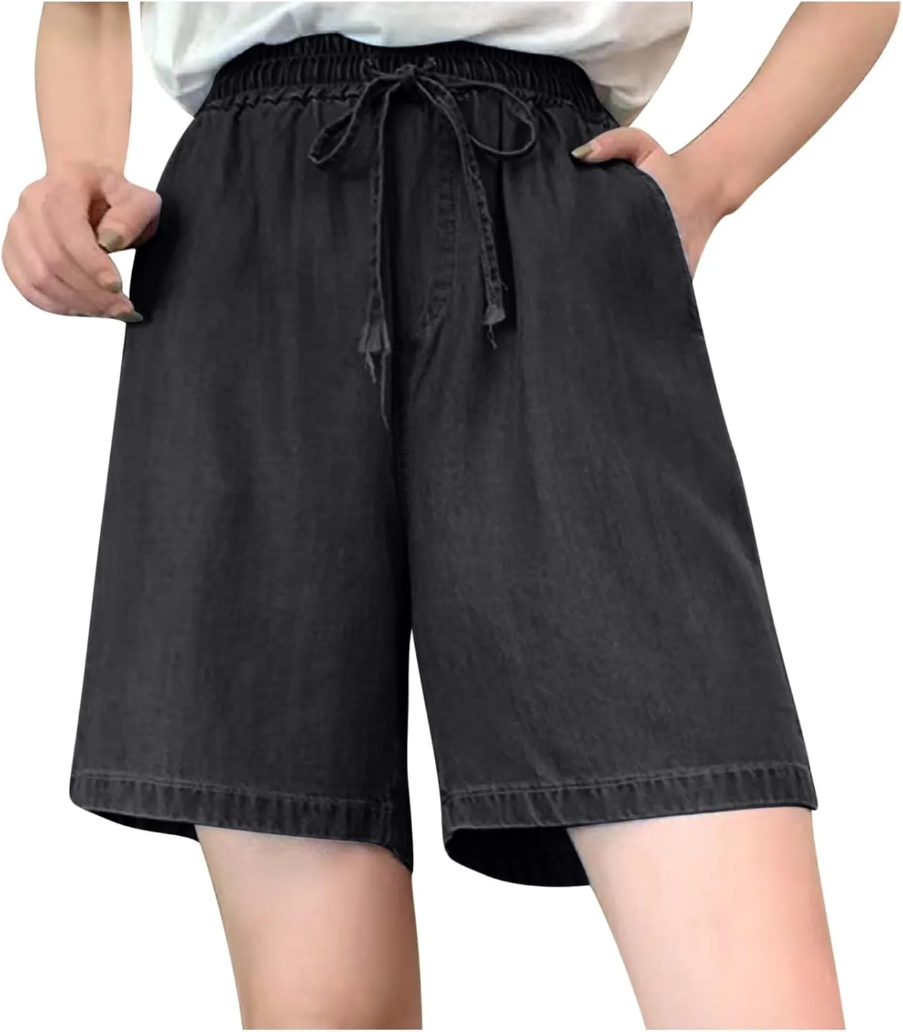 FZYLQY Bermuda Jean Shorts for Women High Waisted Lightweight Comfy Denim Shorts Casual Drawstring Elastic Waist Jean Shorts