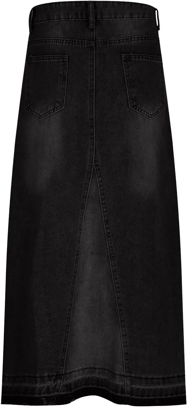 FZYLQY Women Washed Denim Maxi Skirts High Slit Casual Jean Half Dress Mid-Calf Length Trendy Denim Skirts with Pockets