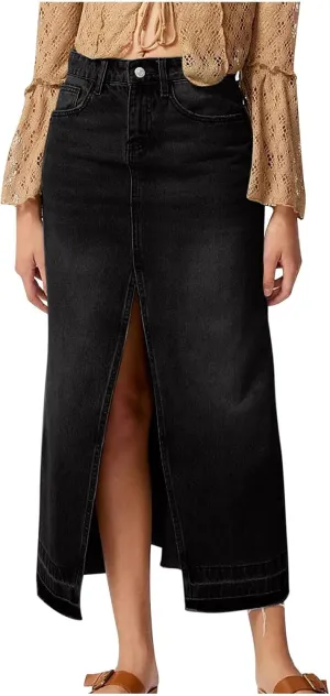 FZYLQY Women Washed Denim Maxi Skirts High Slit Casual Jean Half Dress Mid-Calf Length Trendy Denim Skirts with Pockets