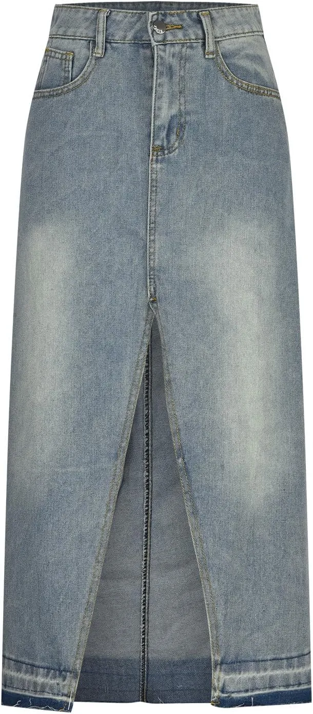 FZYLQY Women Washed Denim Maxi Skirts High Slit Casual Jean Half Dress Mid-Calf Length Trendy Denim Skirts with Pockets