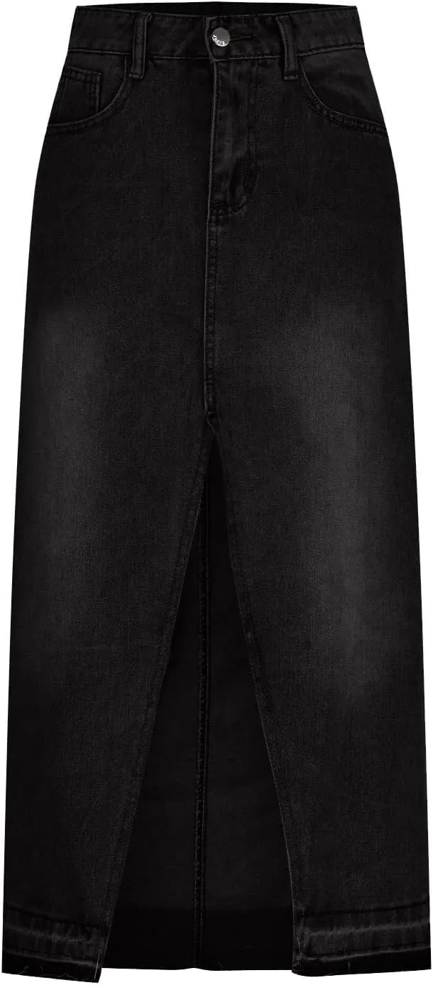FZYLQY Women Washed Denim Maxi Skirts High Slit Casual Jean Half Dress Mid-Calf Length Trendy Denim Skirts with Pockets