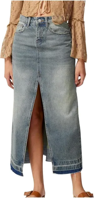 FZYLQY Women Washed Denim Maxi Skirts High Slit Casual Jean Half Dress Mid-Calf Length Trendy Denim Skirts with Pockets