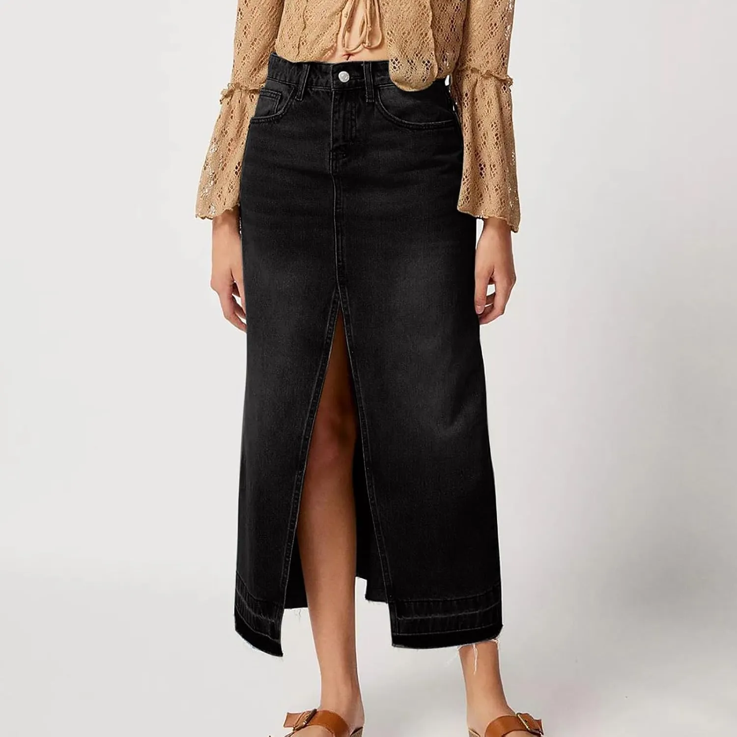 FZYLQY Women Washed Denim Maxi Skirts High Slit Casual Jean Half Dress Mid-Calf Length Trendy Denim Skirts with Pockets