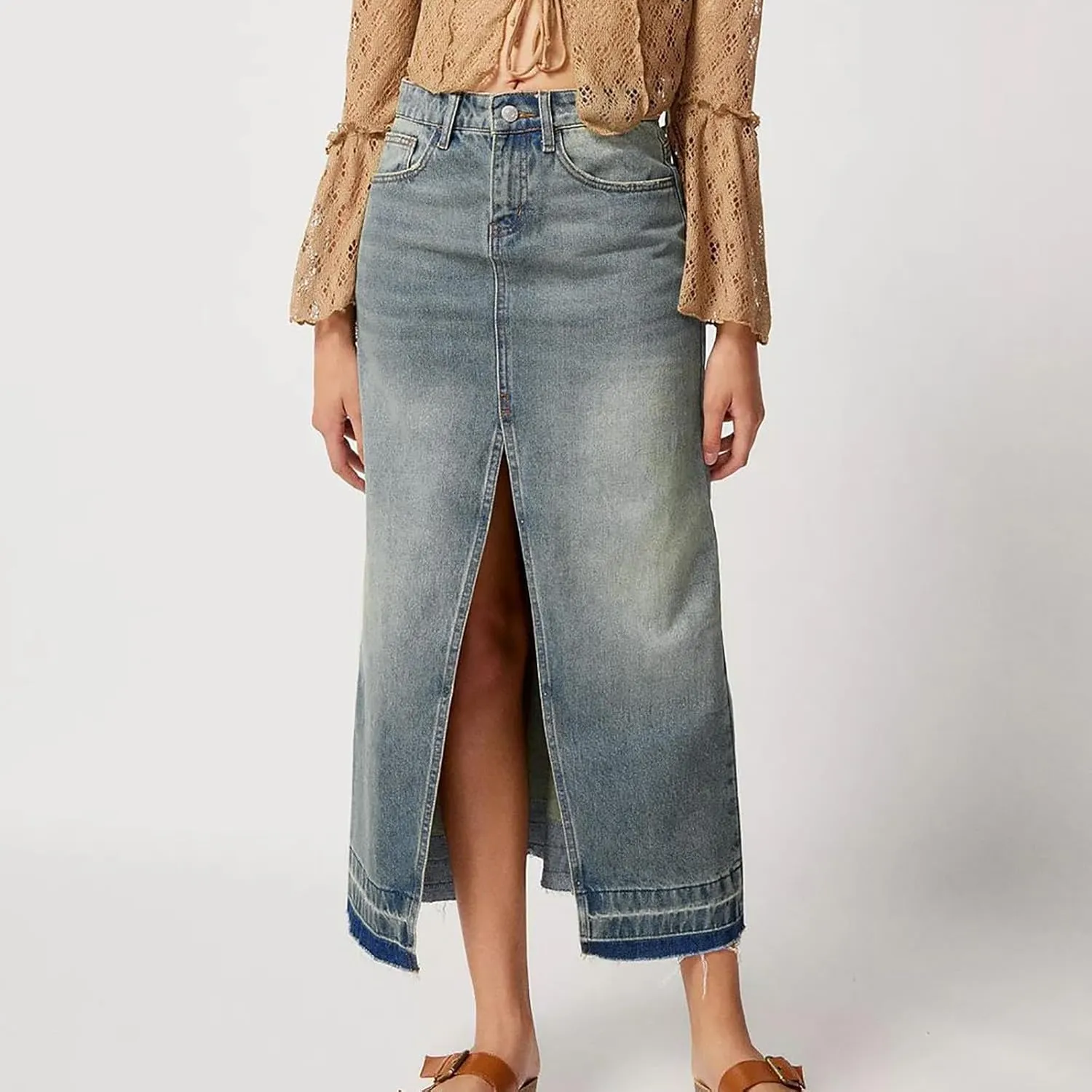 FZYLQY Women Washed Denim Maxi Skirts High Slit Casual Jean Half Dress Mid-Calf Length Trendy Denim Skirts with Pockets