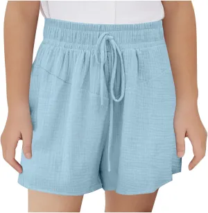 Girls Summer Shorts Casual Kids Wide Leg Cotton Linen Boho Beach Shorts Teens High Waisted Paperbag Drawstring Pants