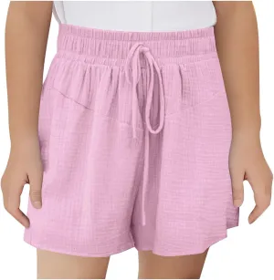 Girls Summer Shorts Casual Kids Wide Leg Cotton Linen Boho Beach Shorts Teens High Waisted Paperbag Drawstring Pants