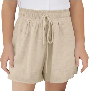 Girls Summer Shorts Casual Kids Wide Leg Cotton Linen Boho Beach Shorts Teens High Waisted Paperbag Drawstring Pants