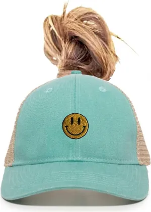 Go All Out Womens Smiley Face Ponytail Mesh Back Cap