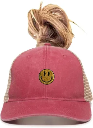 Go All Out Womens Smiley Face Ponytail Mesh Back Cap