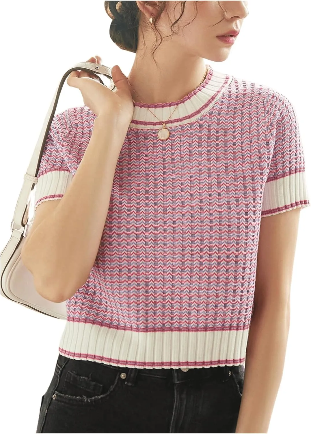 GORGLITTER Women's Colorblock Short Sleeve Sweater Ribbed Knit Striped Round Neck Pullover Tops