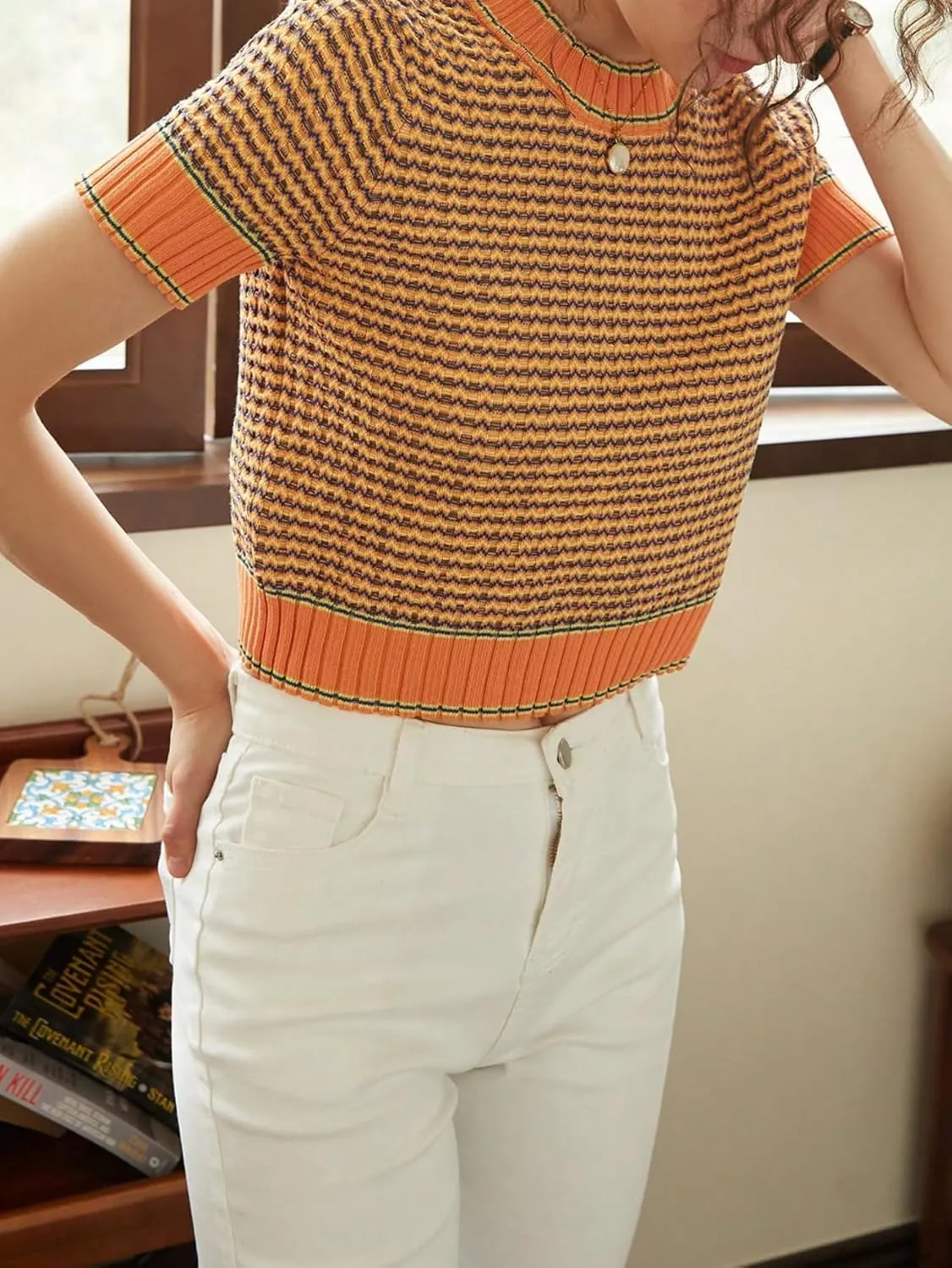 GORGLITTER Women's Colorblock Short Sleeve Sweater Ribbed Knit Striped Round Neck Pullover Tops