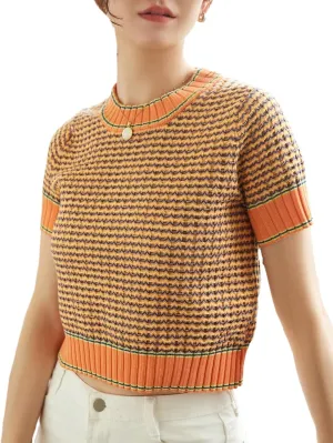 GORGLITTER Women's Colorblock Short Sleeve Sweater Ribbed Knit Striped Round Neck Pullover Tops