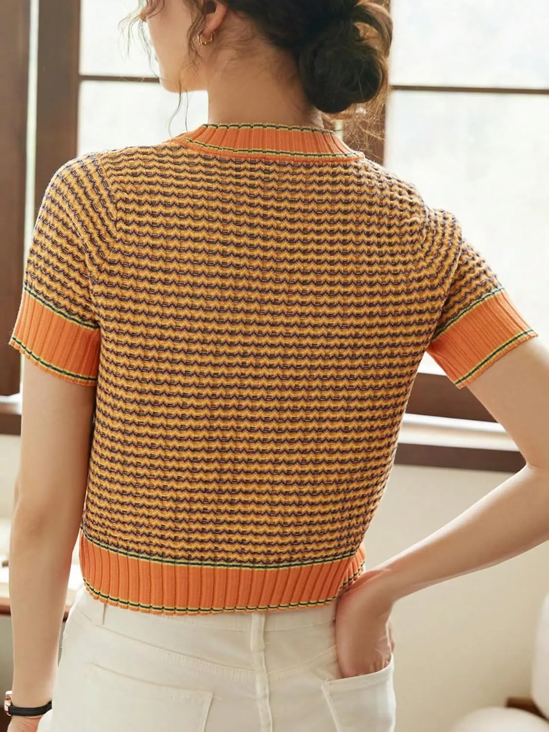 GORGLITTER Women's Colorblock Short Sleeve Sweater Ribbed Knit Striped Round Neck Pullover Tops