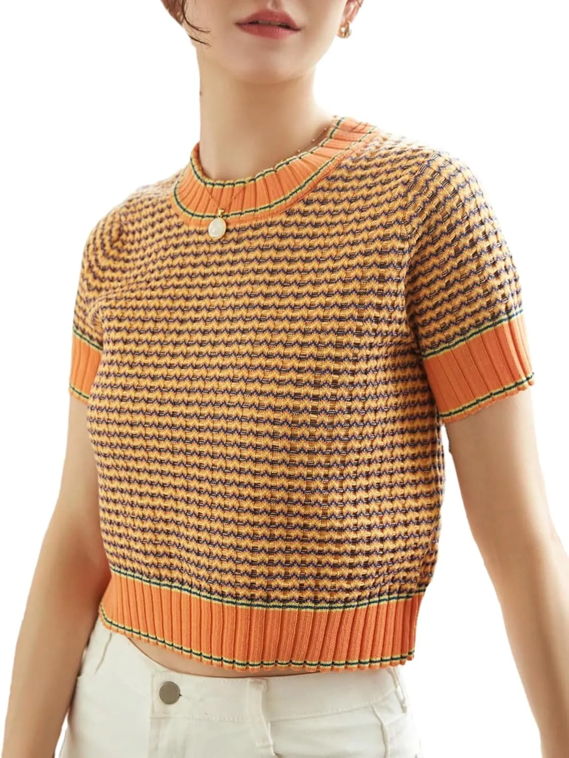 GORGLITTER Women's Colorblock Short Sleeve Sweater Ribbed Knit Striped Round Neck Pullover Tops