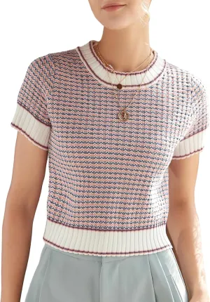 GORGLITTER Women's Colorblock Short Sleeve Sweater Ribbed Knit Striped Round Neck Pullover Tops